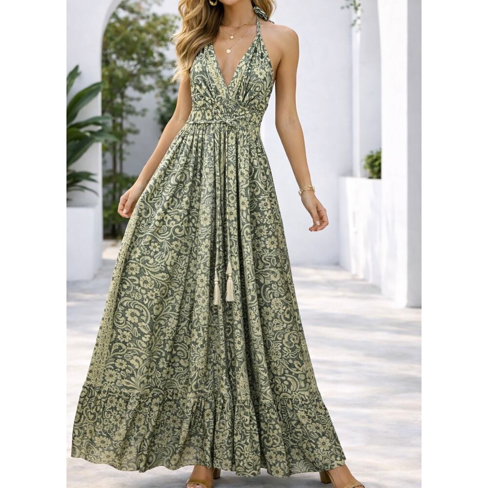 NWT 70% Silk 30% Polyester Yellow Maxi Dress Boho Halter